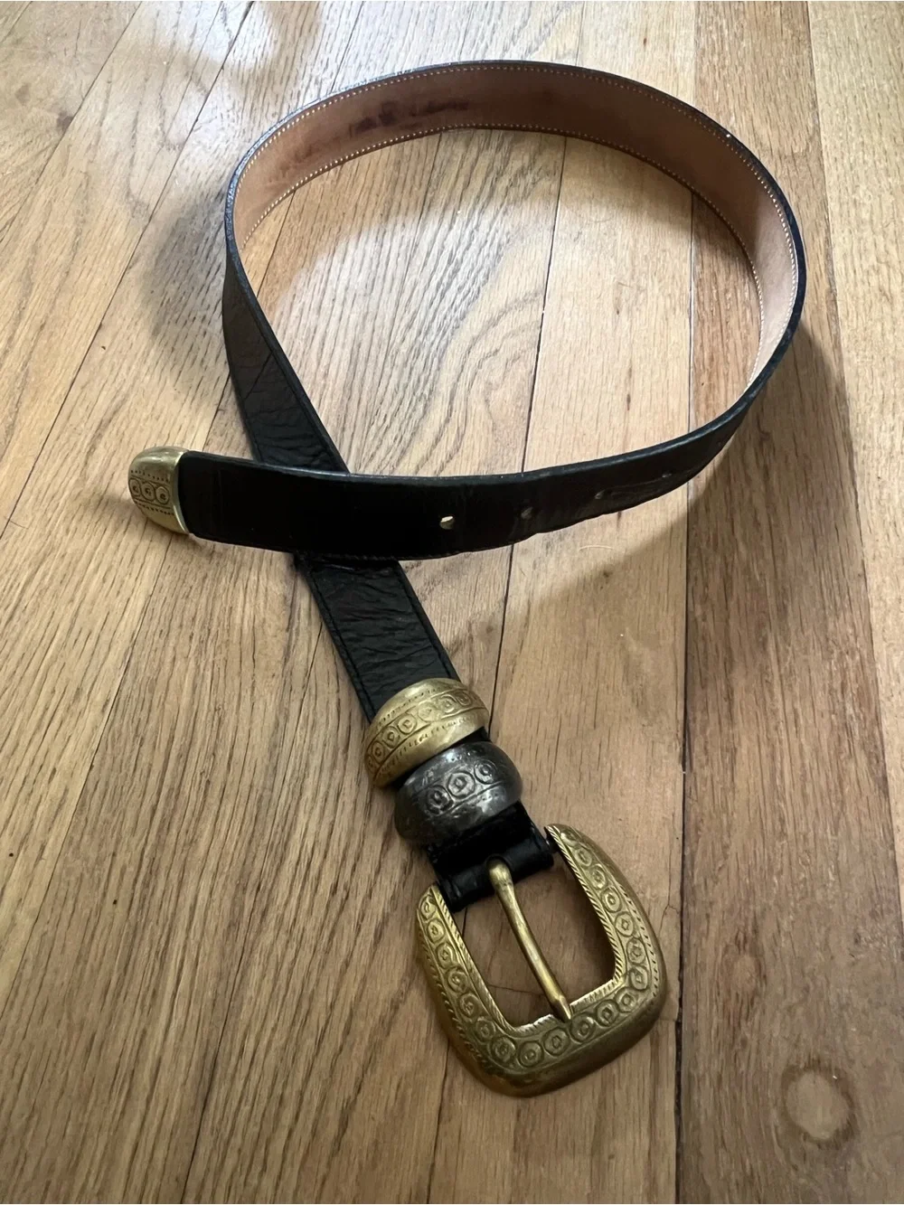 Black Leather Belt with Decorative Brass Buckle